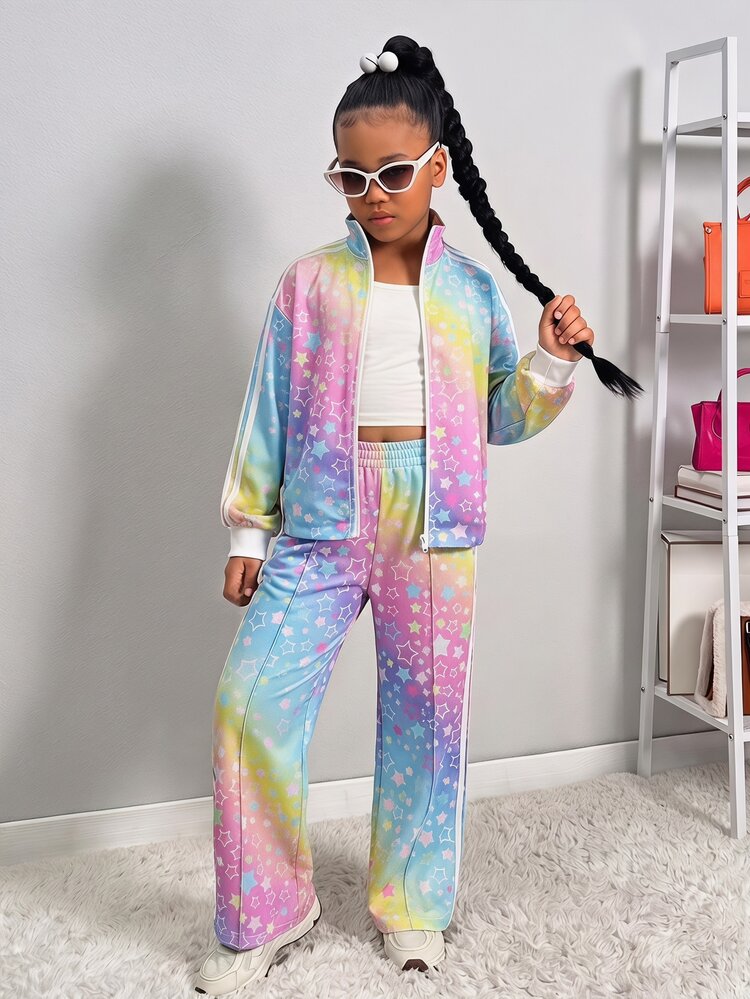 SHEIN Kids Tween Girl Casual New Autumn/Winter Fashion Colorful Tie-Dye Star Print Patchwork White Striped Long Sleeve Zip-Up Jacket And Pants 2 Pieces Set, Back To School, Autumn Clothing, Winter Clothing, Cardigan Jacket Outfit Set - Multicolor - View 3