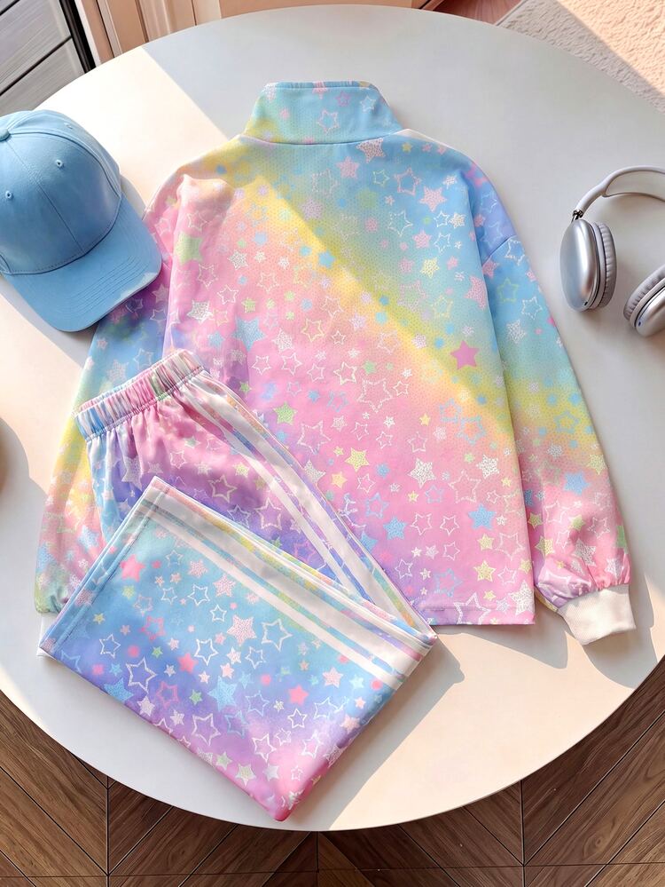 SHEIN Kids Tween Girl Casual New Autumn/Winter Fashion Colorful Tie-Dye Star Print Patchwork White Striped Long Sleeve Zip-Up Jacket And Pants 2 Pieces Set, Back To School, Autumn Clothing, Winter Clothing, Cardigan Jacket Outfit Set - Multicolor - View 4