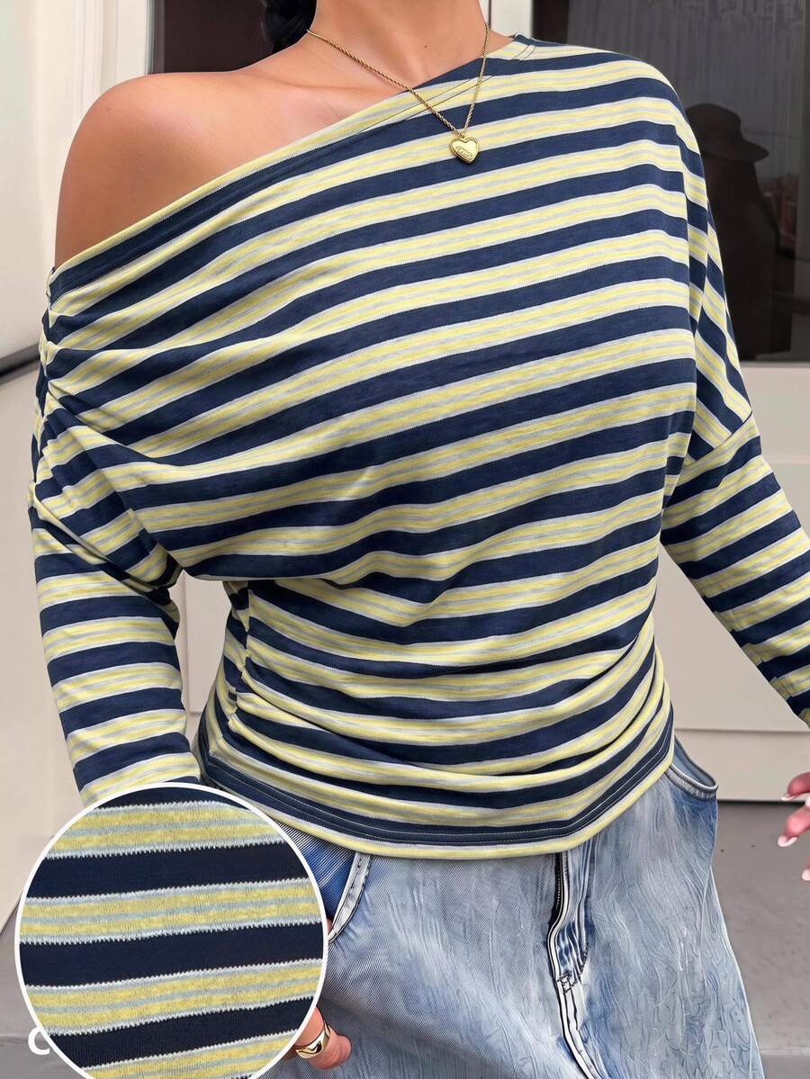 Muchica Plus Size Women's Striped Asymmetric Shoulder Casual Everyday T-Shirt - Multicolor - View 1