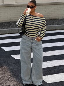 Muchica Plus Size Women's Striped Asymmetric Shoulder Casual Everyday T-Shirt - Multicolor - View 4