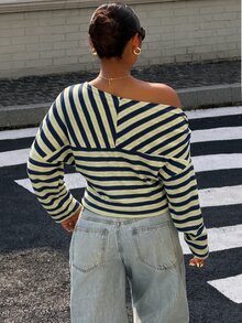 Muchica Plus Size Women's Striped Asymmetric Shoulder Casual Everyday T-Shirt - Multicolor - View 2