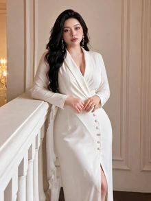 Vibekara Sexy Elegant Party Graduation Season Evening Banquet Formal Long Sleeve Blazer Commute Slit Dress Plus Size Maxi Length Women's Dress Fall - White - View 7