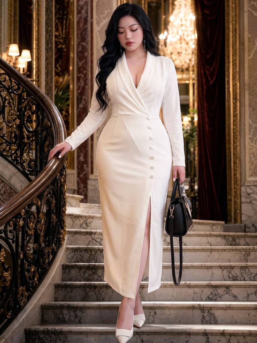 Vibekara Sexy Elegant Party Graduation Season Evening Banquet Formal Long Sleeve Blazer Commute Slit Dress Plus Size Maxi Length Women's Dress Fall - White - View 1