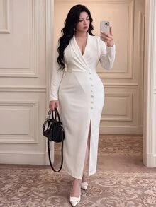 Vibekara Sexy Elegant Party Graduation Season Evening Banquet Formal Long Sleeve Blazer Commute Slit Dress Plus Size Maxi Length Women's Dress Fall - White - View 5
