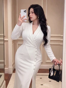 Vibekara Sexy Elegant Party Graduation Season Evening Banquet Formal Long Sleeve Blazer Commute Slit Dress Plus Size Maxi Length Women's Dress Fall - White - View 2