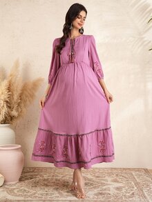 Momance Pregnant Women Floral Embroidery Ruched Casual Everyday Party Outing Lantern Sleeve Dress - Dusty Pink - View 5