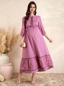 Momance Pregnant Women Floral Embroidery Ruched Casual Everyday Party Outing Lantern Sleeve Dress - Dusty Pink - View 4
