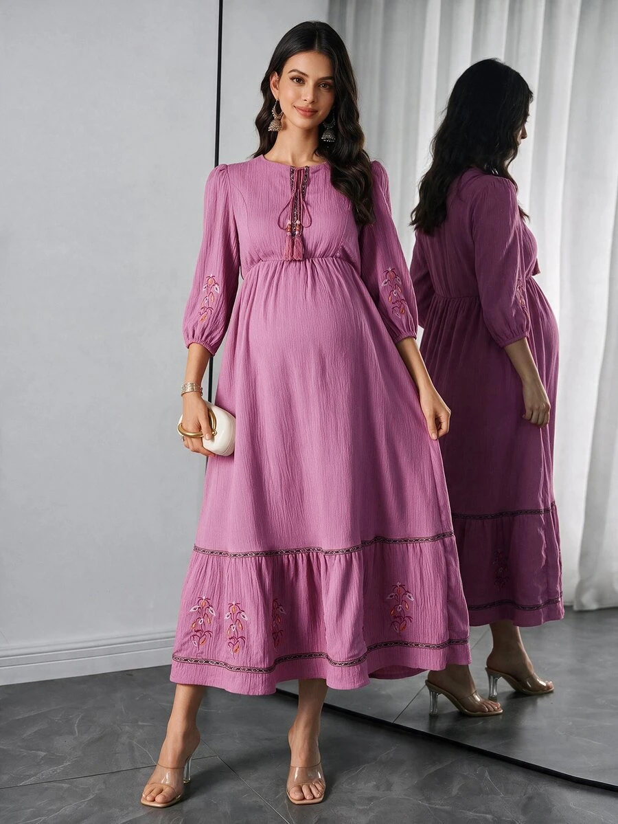 Momance Pregnant Women Floral Embroidery Ruched Casual Everyday Party Outing Lantern Sleeve Dress - Dusty Pink - View 1
