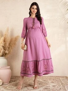 Momance Pregnant Women Floral Embroidery Ruched Casual Everyday Party Outing Lantern Sleeve Dress - Dusty Pink - View 2