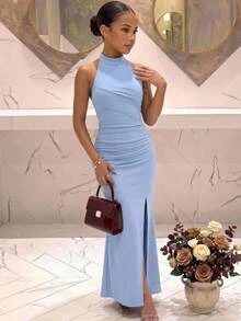 SHEIN Pitira 青少年女孩優雅粉藍色掛脖修身抓皺晚禮服，畢業禮、婚禮伴娘、夏季派對，緞面舞會長裙 - 藍色 - 查看 4