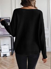 SHEIN LUNE Women's Casual Basic Solid Color Round Neck Batwing Sleeve Sweater, Autumn/Winter Everyday Black - Black - View 2