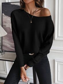 SHEIN LUNE Women's Casual Basic Solid Color Round Neck Batwing Sleeve Sweater, Autumn/Winter Everyday Black - Black - View 7