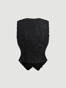 SHEIN MOD Jaket Rompi Kancing Tunggal dengan Kerah Bentuk Hati Berenda - Hitam - View 3