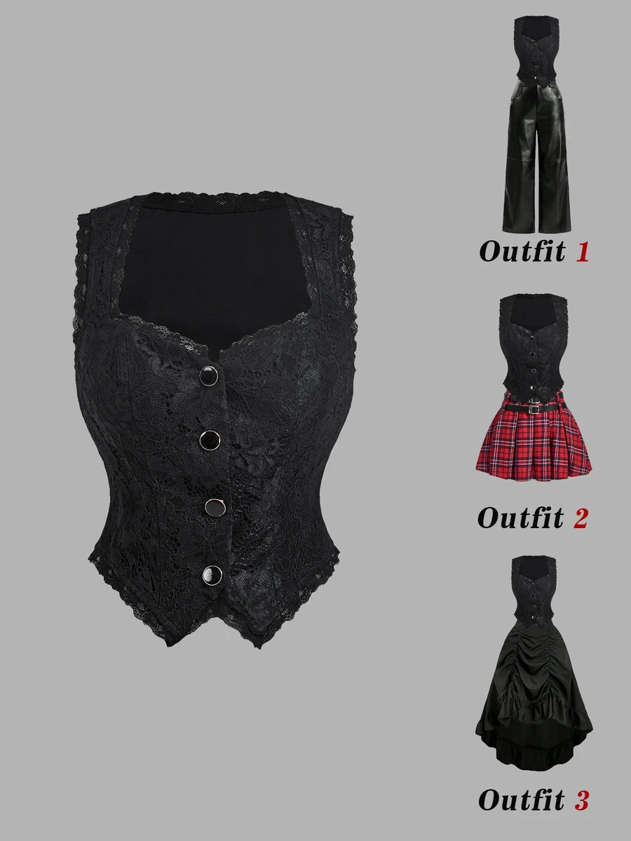 SHEIN MOD Jaket Rompi Kancing Tunggal dengan Kerah Bentuk Hati Berenda - Hitam - View 1