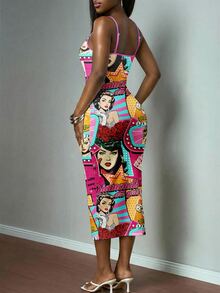 Slaydiva Vintage Poster Print Casual Plus Size Dress - Multicolor - View 3