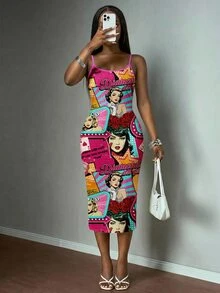 Slaydiva Vintage Poster Print Casual Plus Size Dress - Multicolor - View 5