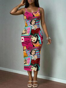 Slaydiva Vintage Poster Print Casual Plus Size Dress - Multicolor - View 6