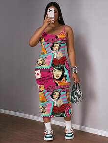 Slaydiva Vintage Poster Print Casual Plus Size Dress - Multicolor - View 1