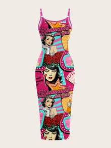 Slaydiva Vintage Poster Print Casual Plus Size Dress - Multicolor - View 2