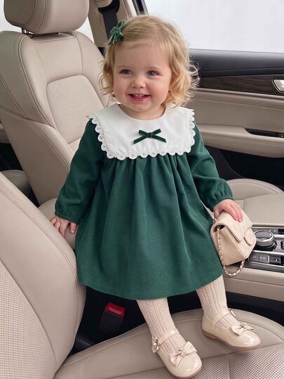 Souflis Souflis 1pc Toddler Girl Corduroy Dress Elegant Dark Green Bow Lace Trim Ruffle Long Sleeve Round Neck Thick Party Fall Holiday Elegant Chic
