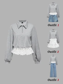 SHEIN MOD Grey Loose Fit Embroidered Lace Trim Turn Collar Stand Collar Sweatshirt - Grey - View 2
