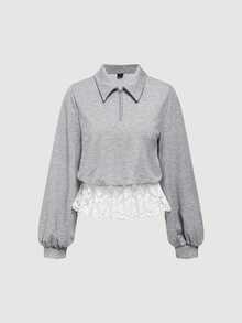 SHEIN MOD Grey Loose Fit Embroidered Lace Trim Turn Collar Stand Collar Sweatshirt - Grey - View 5