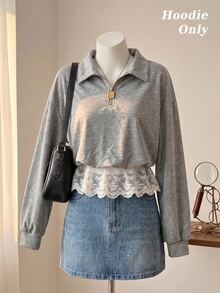 SHEIN MOD Grey Loose Fit Embroidered Lace Trim Turn Collar Stand Collar Sweatshirt - Grey - View 8