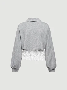 SHEIN MOD Grey Loose Fit Embroidered Lace Trim Turn Collar Stand Collar Sweatshirt - Grey - View 4
