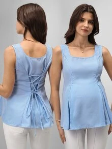 Momance Maternity Striped Print Criss-Cross Back Sleeveless Nursing Top - Blue - View 1