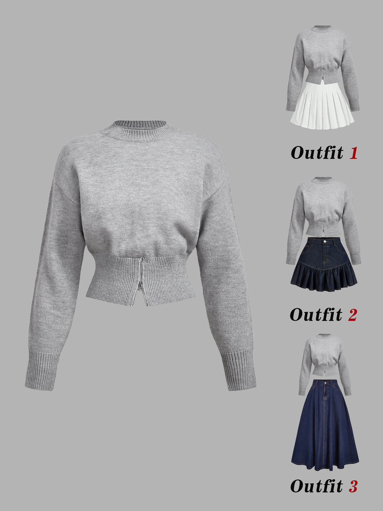 SHEIN MOD Grey Round Neck Dropped Shoulder Long Sleeve Loose Waist Sweater Brunch School Autumn Casual - Light Grey - View 4