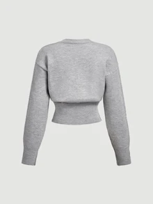 SHEIN MOD Grey Round Neck Dropped Shoulder Long Sleeve Loose Waist Sweater Brunch School Autumn Casual - Light Grey - View 6