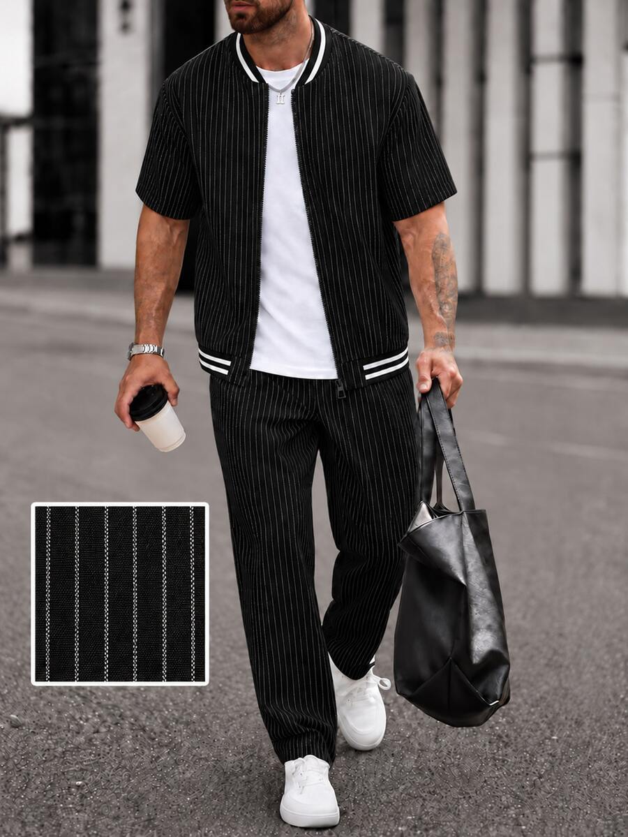 Manfinity Homme Men's Striped Short Sleeve Shirt And Long Pants Casual Set - Black - View 1