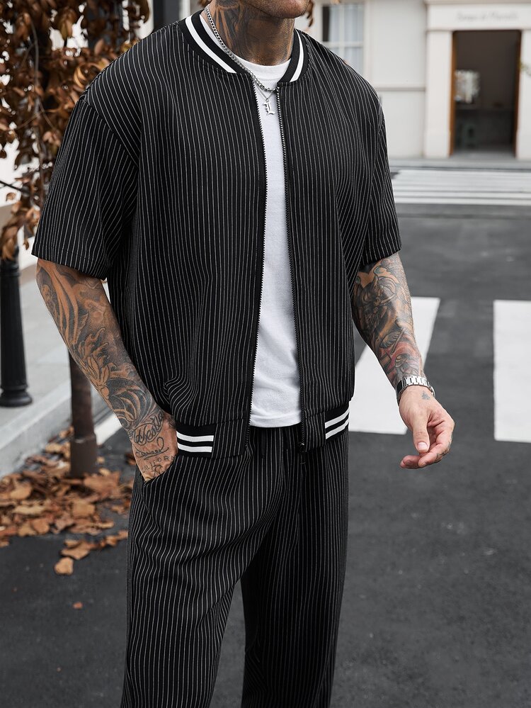 Manfinity CasualCool Men's Striped Short Sleeve Shirt And Long Pants Casual Set - Black - View 4
