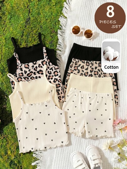 SHEIN LMoss Kids 8件套女童针织吊带背心和松紧腰短裤套装