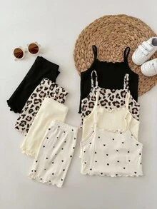SHEIN LMoss Kids 8件套女童针织吊带背心和松紧腰短裤套装 - 彩色 - 查看 2