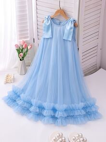 Elegant Fashion Ruffled Pearl Decor Mesh Girls Dress - Blue - View 1