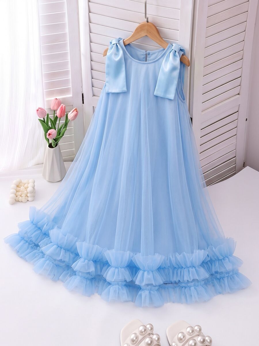 Elegant Fashion Ruffled Pearl Decor Mesh Girls Dress - Blue - View 1
