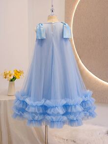 Elegant Fashion Ruffled Pearl Decor Mesh Girls Dress - Blue - View 2