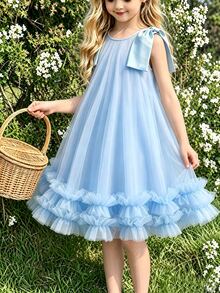 Elegant Fashion Ruffled Pearl Decor Mesh Girls Dress - Blue - View 5