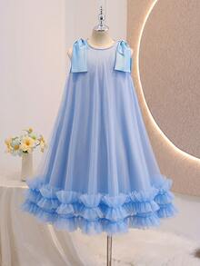 Elegant Fashion Ruffled Pearl Decor Mesh Girls Dress - Blue - View 4