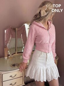 SHEIN MOD Women's Solid Color Zip-Up Casual Y2k Cute Everyday Sweatshirt Everyday Date Soft Pink Autumn Winter - Pink - View 2