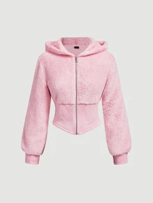 SHEIN MOD Women's Solid Color Zip-Up Casual Y2k Cute Everyday Sweatshirt Everyday Date Soft Pink Autumn Winter - Pink - View 4