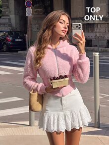 SHEIN MOD Women's Solid Color Zip-Up Casual Y2k Cute Everyday Sweatshirt Everyday Date Soft Pink Autumn Winter - Pink - View 3