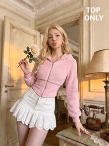 SHEIN MOD Women's Solid Color Zip-Up Casual Y2k Cute Everyday Sweatshirt Everyday Date Soft Pink Autumn Winter - Pink - View 6