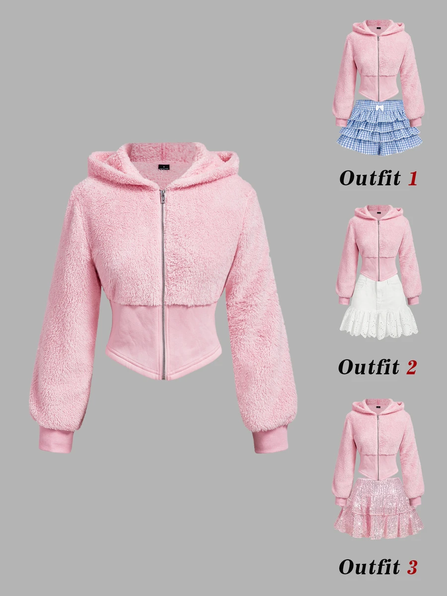 SHEIN MOD Women's Solid Color Zip-Up Casual Y2k Cute Everyday Sweatshirt Everyday Date Soft Pink Autumn Winter - Pink - View 1