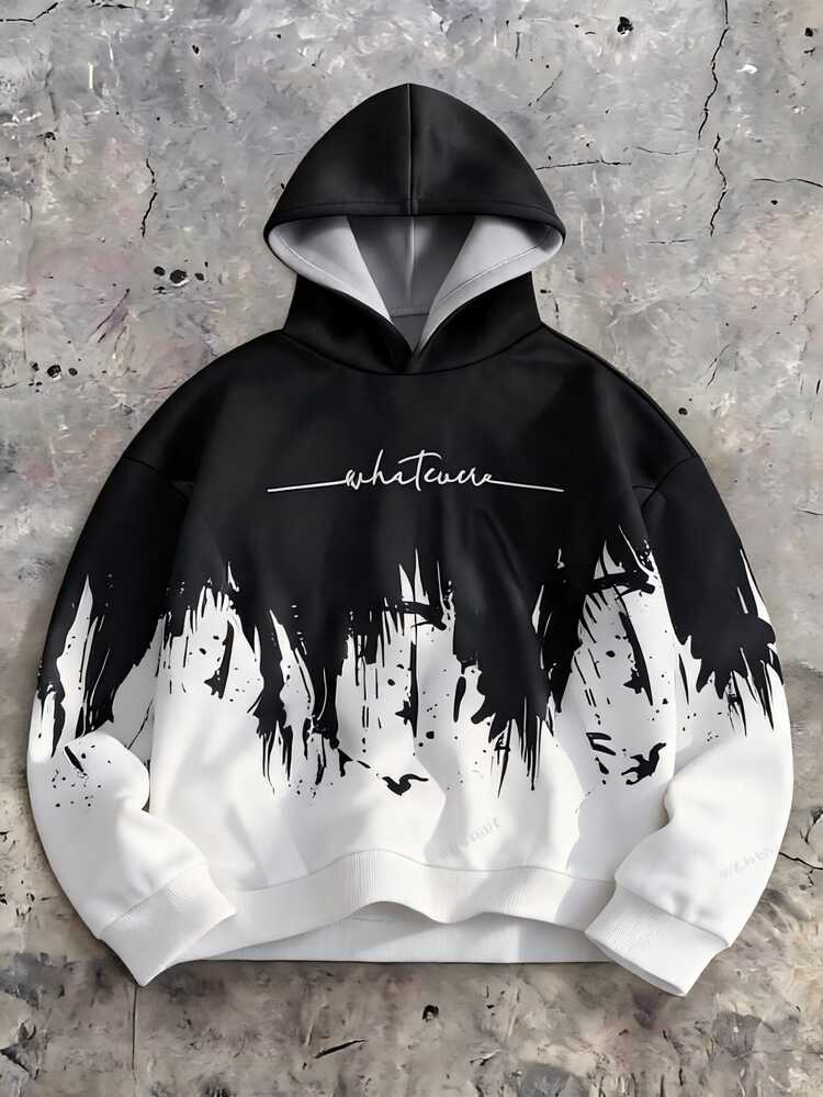 SHEIN 1pc Teen Boy Streetwear Casual Black White Gradient Pullover Top Letter Graphic Printed Splatter Sweatshirt Fall Winter Aesthetic - Black - View 1