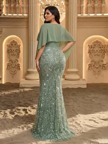 Glamrae Plus Size Elegant Glamorous Luxury Beaded Sequin Embroidered Chiffon Patchwork Ruched Bodycon Mermaid Hem Evening Dress For Wedding, Party, Vacation, Gathering, Music Festival, Graduation, Dinner (Heavy Workmanship Design) - Green - View 3