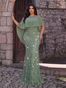 Glamrae Plus Size Elegant Glamorous Luxury Beaded Sequin Embroidered Chiffon Patchwork Ruched Bodycon Mermaid Hem Evening Dress For Wedding, Party, Vacation, Gathering, Music Festival, Graduation, Dinner (Heavy Workmanship Design) - Green - View 6