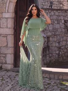 Glamrae Plus Size Elegant Glamorous Luxury Beaded Sequin Embroidered Chiffon Patchwork Ruched Bodycon Mermaid Hem Evening Dress For Wedding, Party, Vacation, Gathering, Music Festival, Graduation, Dinner (Heavy Workmanship Design) - Green - View 1