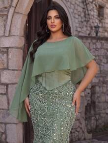 Glamrae Plus Size Elegant Glamorous Luxury Beaded Sequin Embroidered Chiffon Patchwork Ruched Bodycon Mermaid Hem Evening Dress For Wedding, Party, Vacation, Gathering, Music Festival, Graduation, Dinner (Heavy Workmanship Design) - Green - View 5